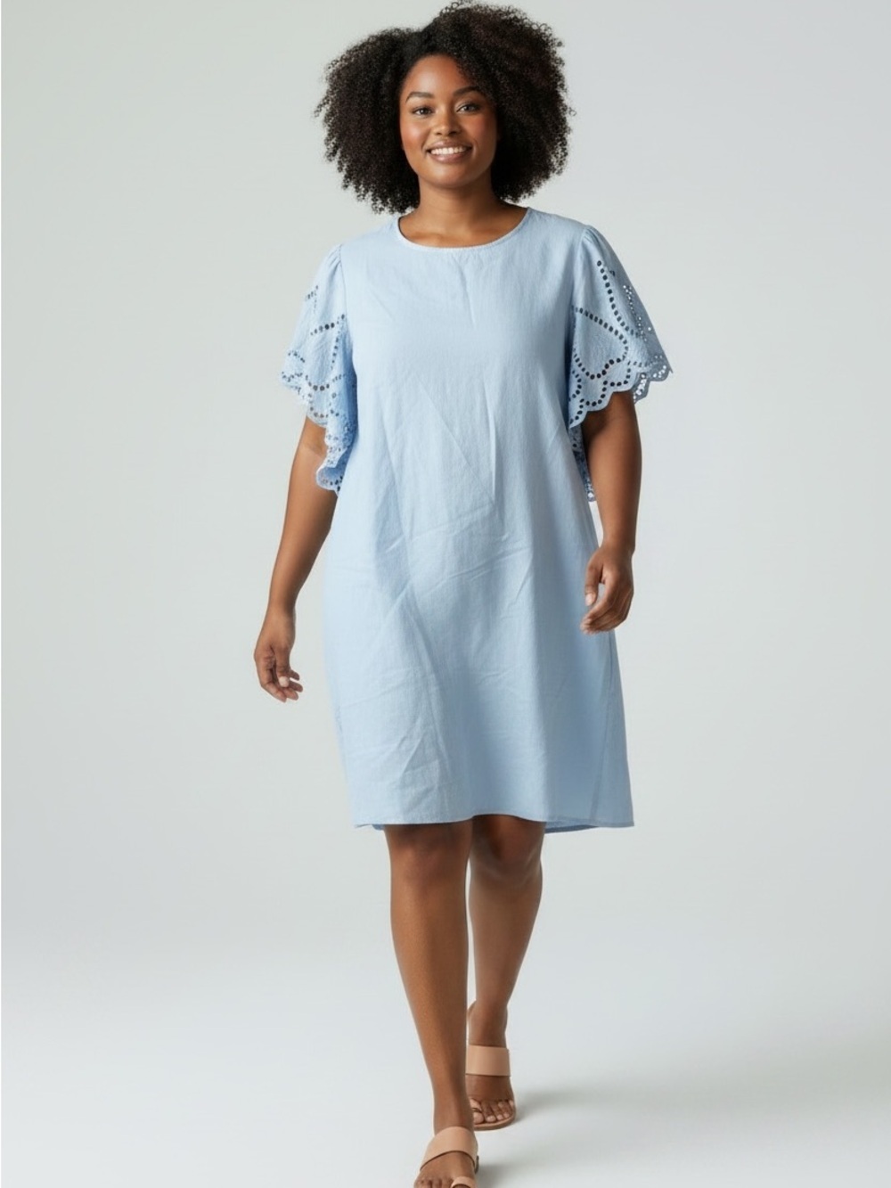Eyelet Flutter Sleeve Midi Dress in Light Blue